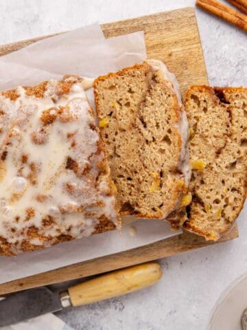 Apple Fritter Quick Bread from overhead with some slices taken