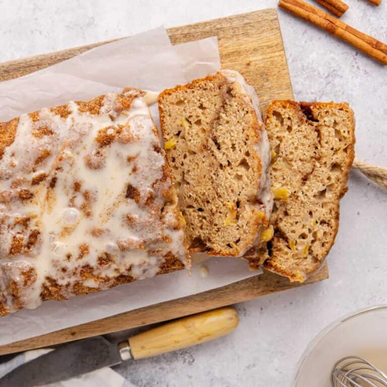 Apple Fritter Quick Bread from overhead with some slices taken