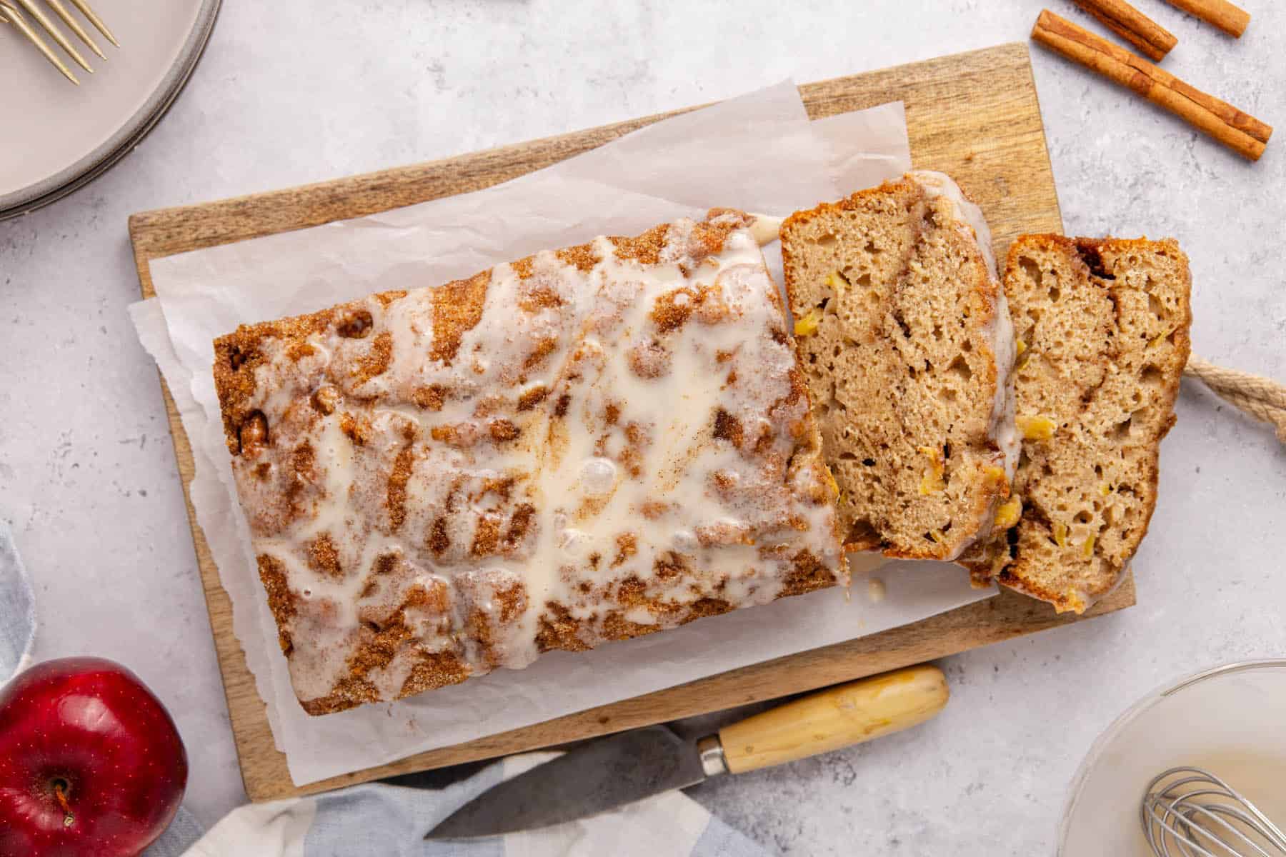 Apple Fritter Quick Bread from overhead with some slices taken