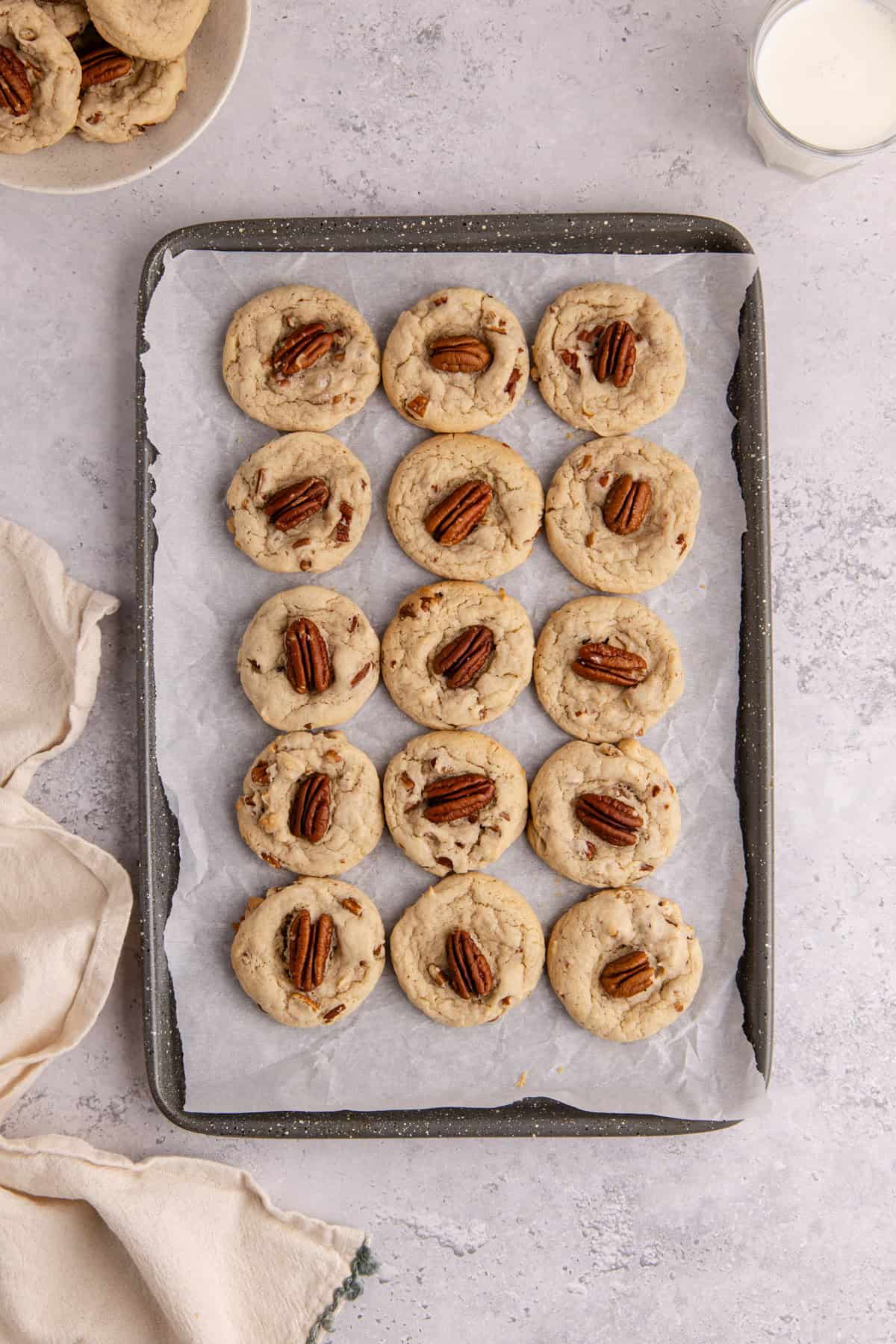 Butter Pecan Cake Mix Cookies from overhead baked on a cookie sheet