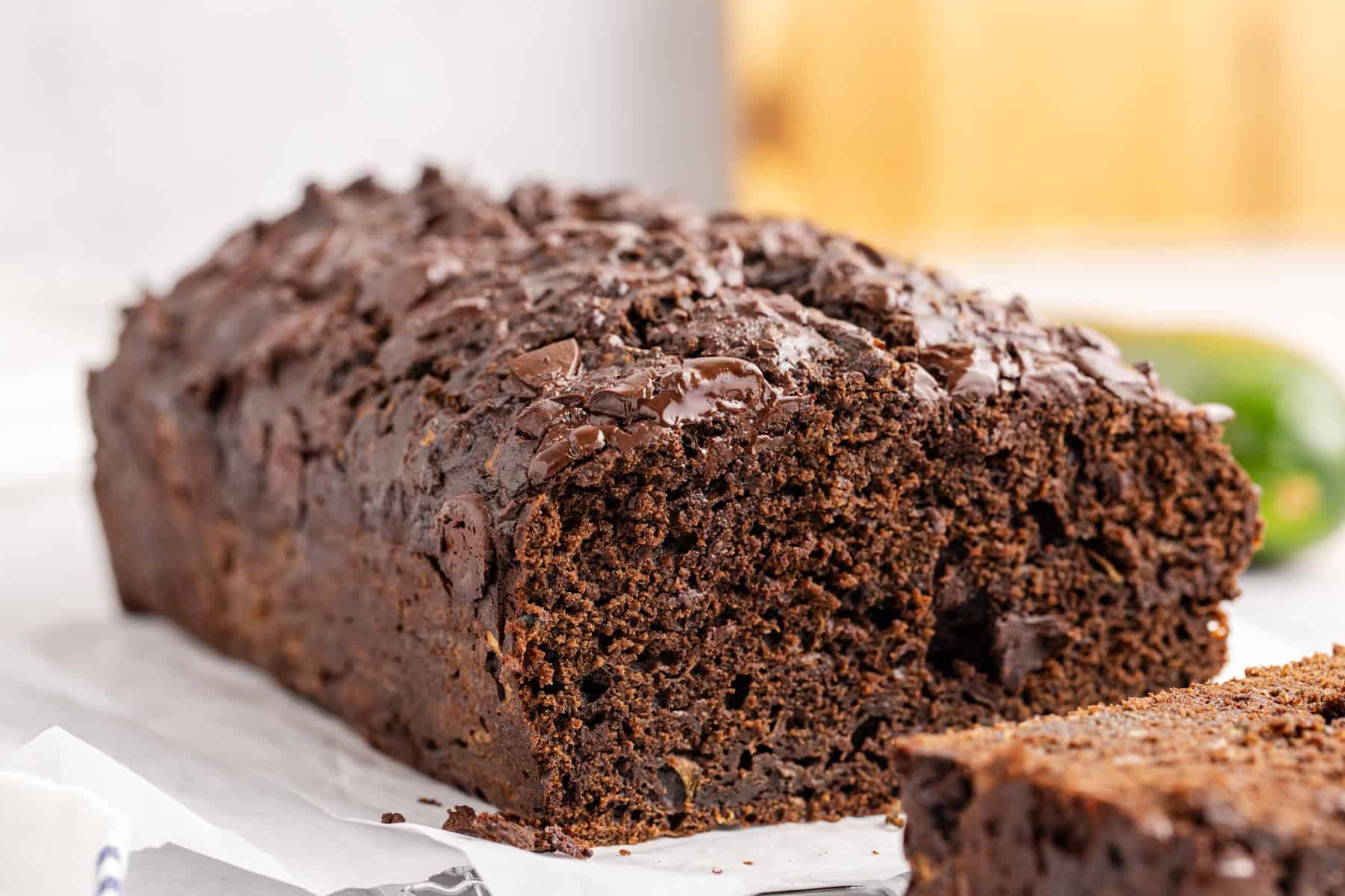 Chocolate Zucchini Loaf with a slice taken