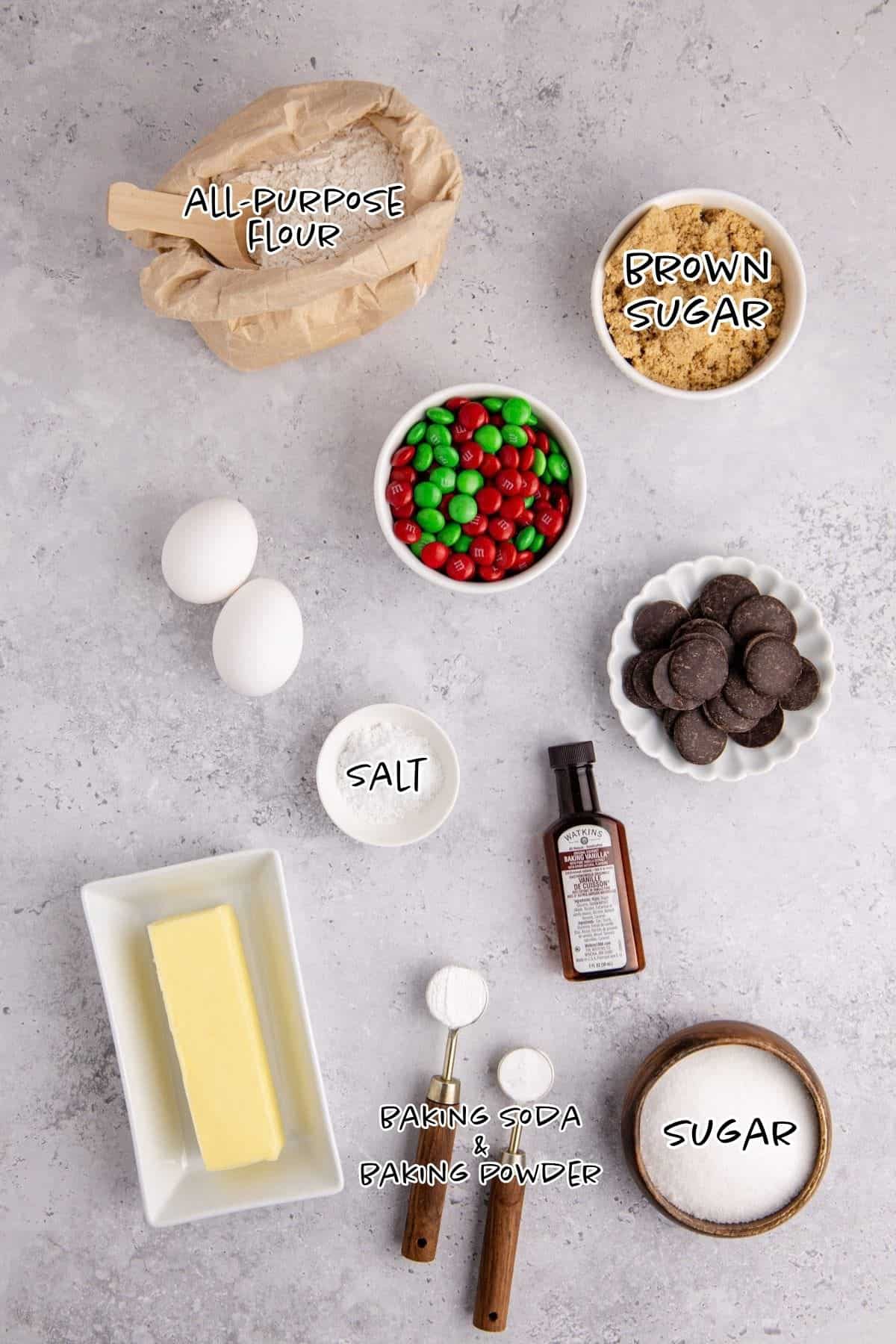 Christmas M&M Cookie Bar Ingredients on a counter