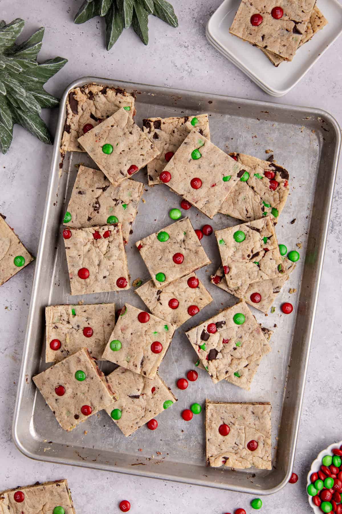 Christmas M&M Cookie Bars from above baked in a sheet pan with M&Ms