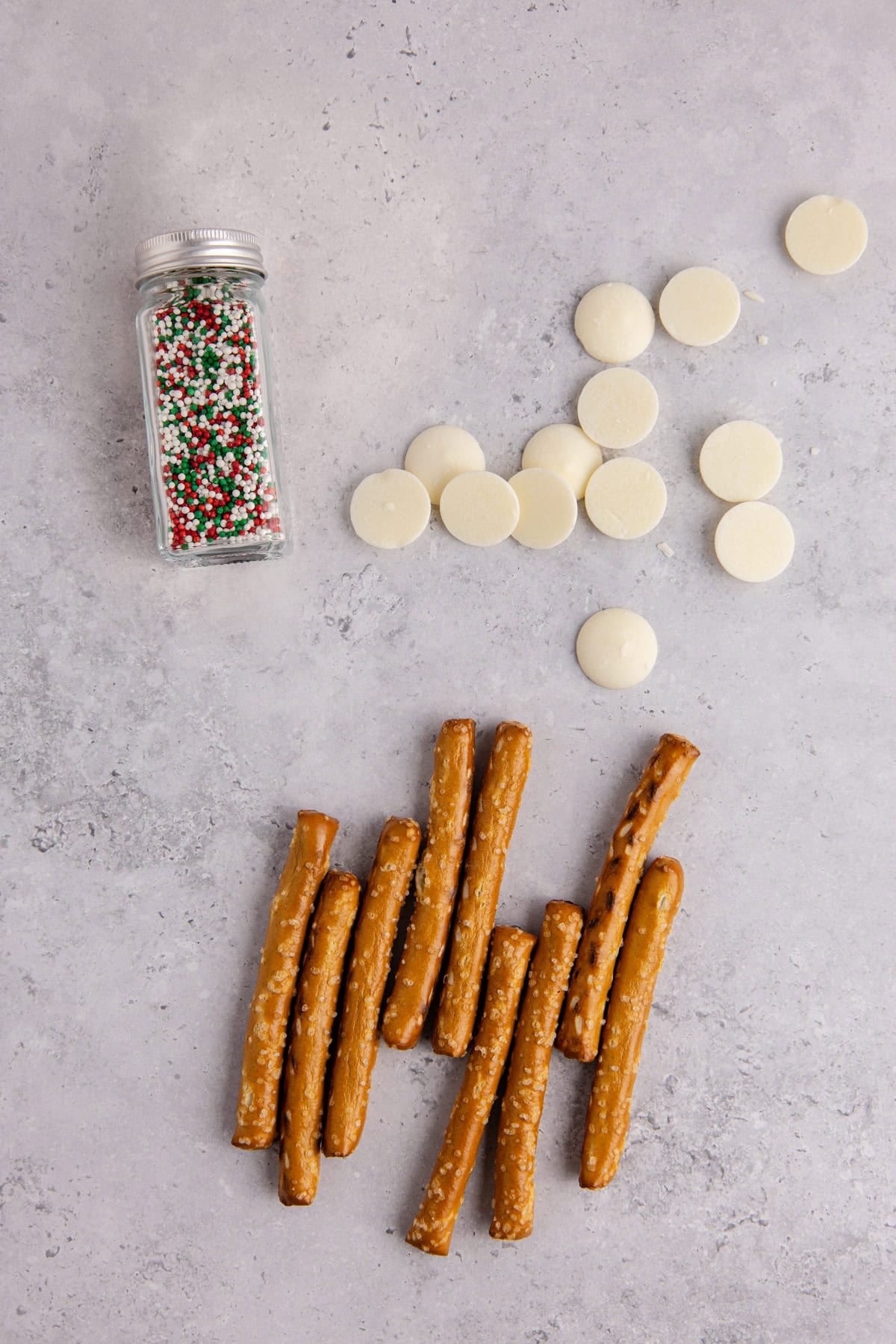 Christmas Pretzel Rod Ingredients on a counter