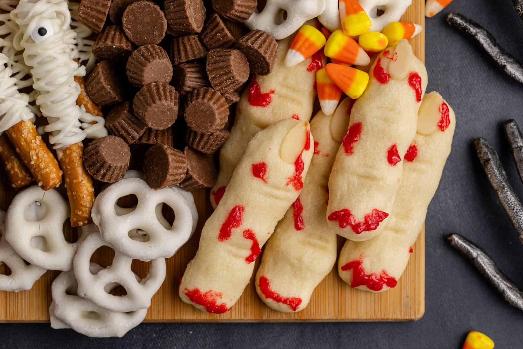 Witch Finger Cookies piled on a Dessert Board