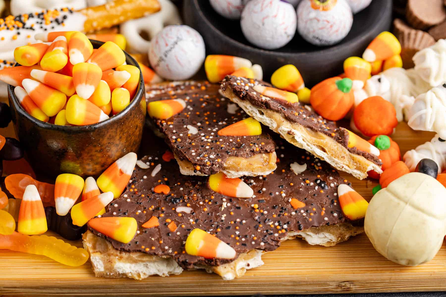 Close up of Halloween Crack Candy on a Dessert Board