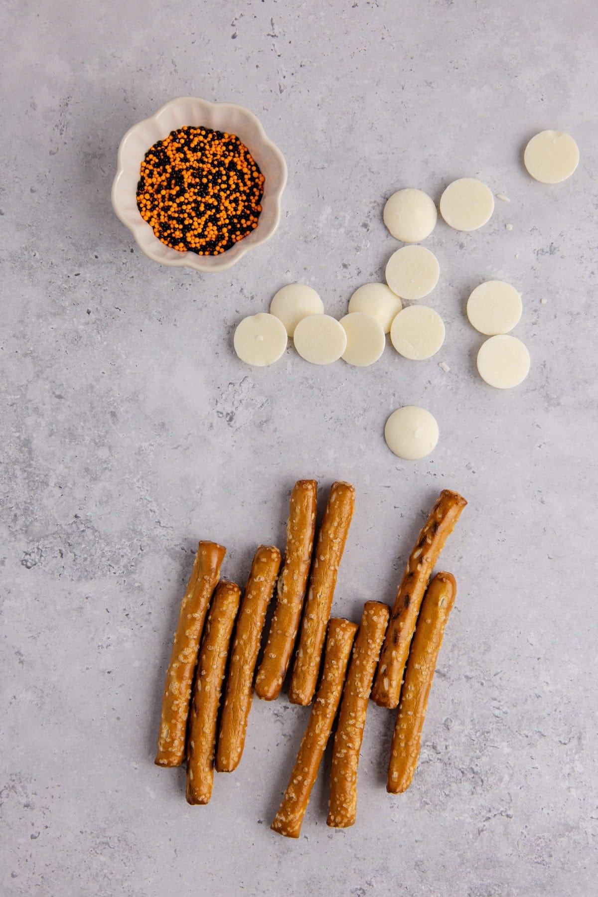 Halloween Pretzel Rod Ingredients on a counter