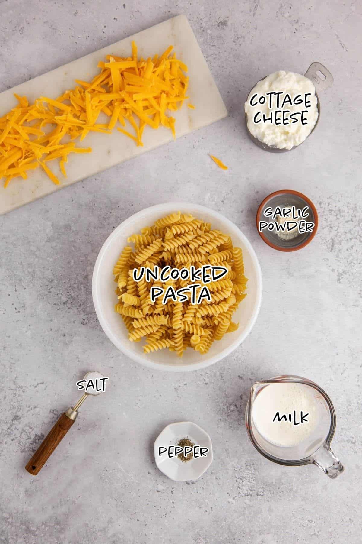 High Protein Mac and Cheese Ingredients on a counter