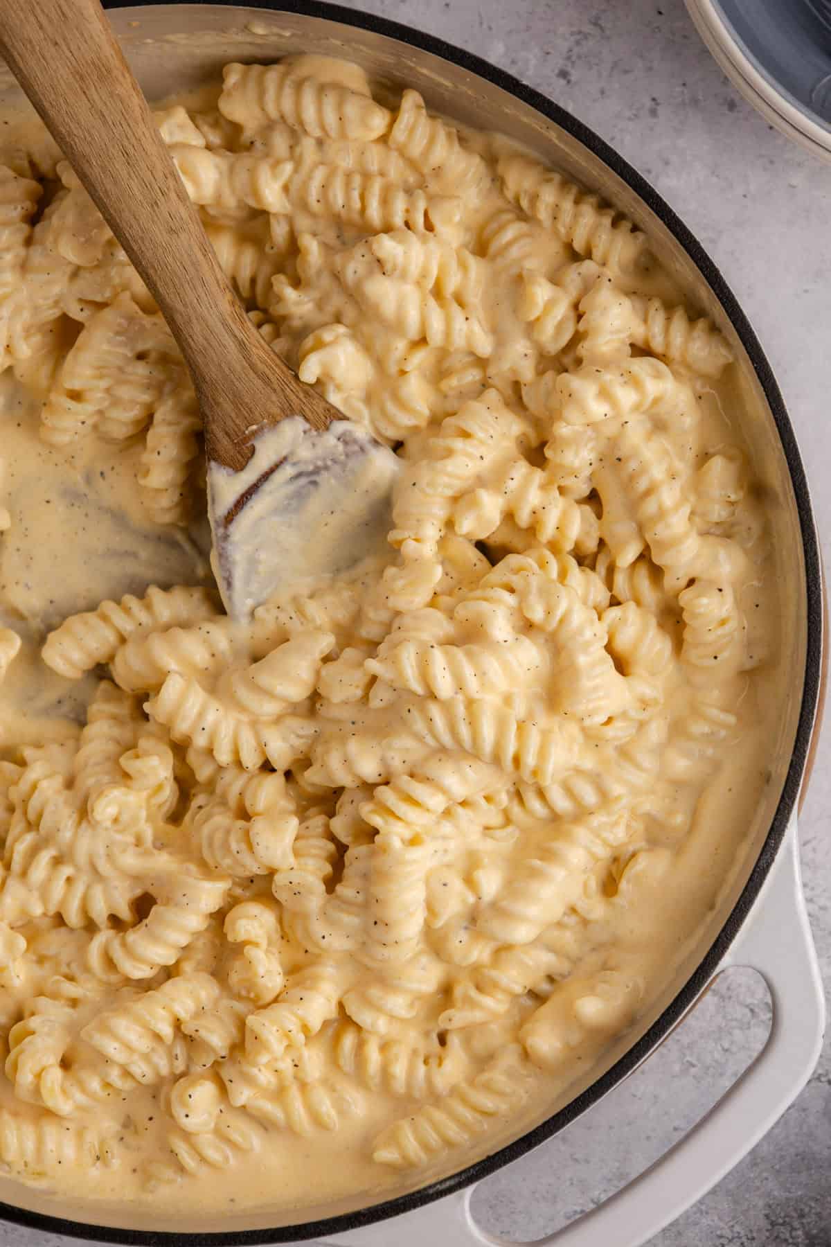 High Protein Mac and Cheese in a skillet from above