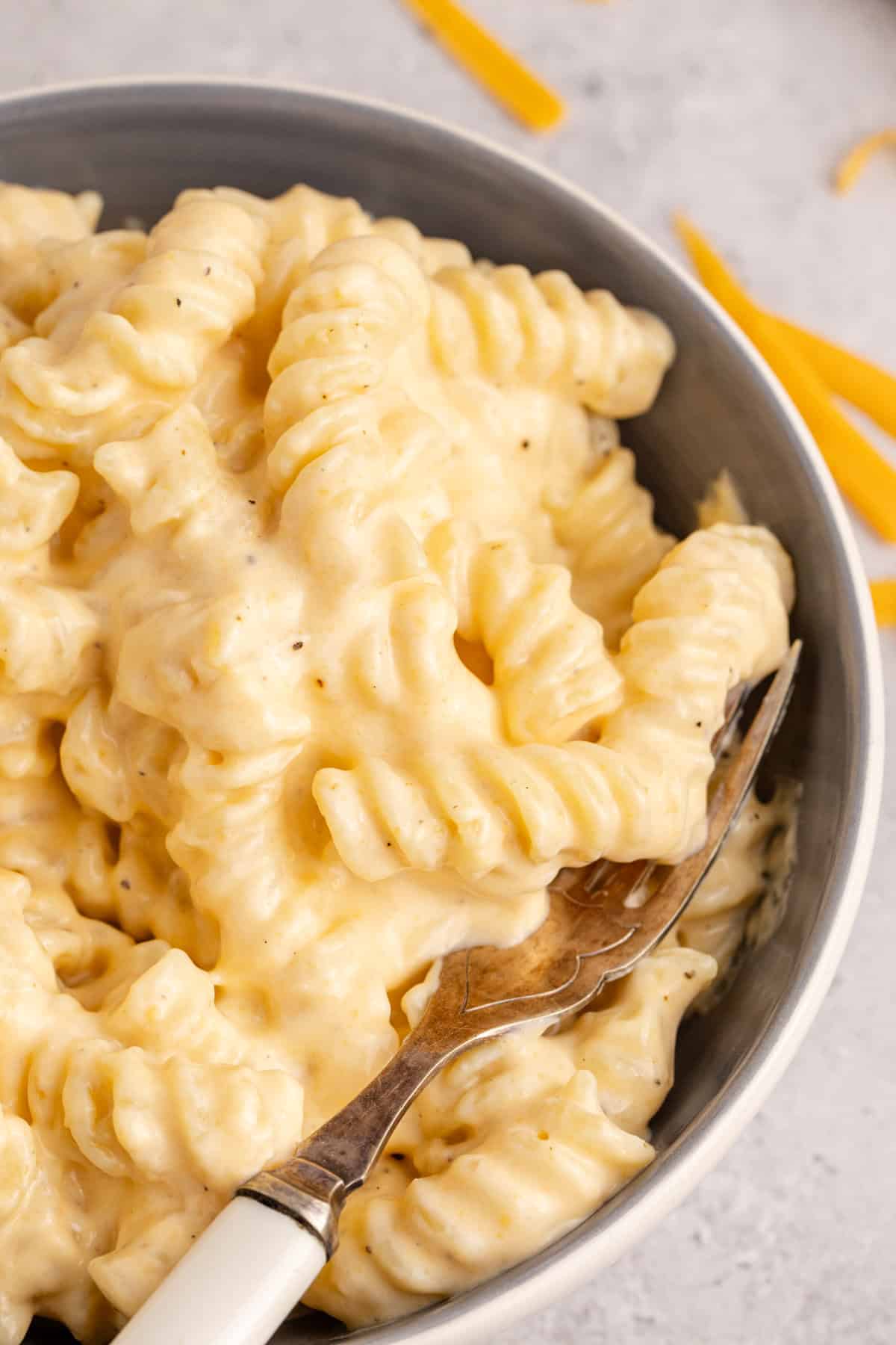 High Protein Mac and Cheese in a bowl up close