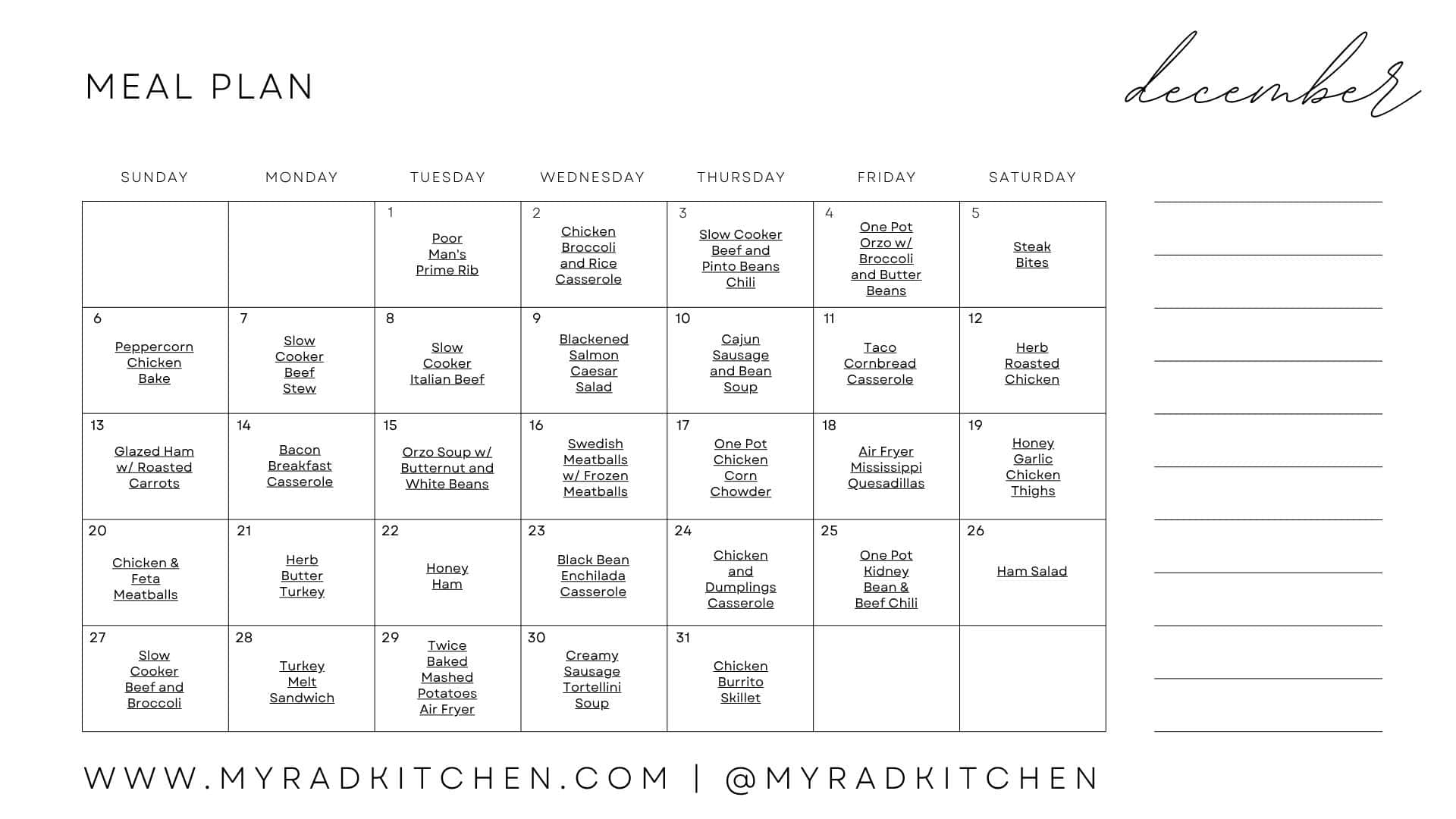 Monthly Meal Plan Calendar for December