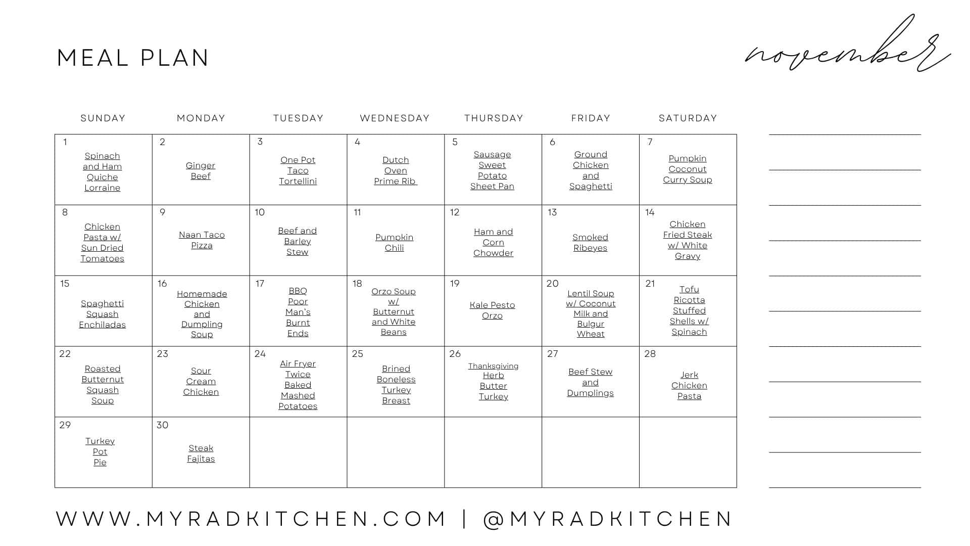 Monthly Meal Plan Calendar for November