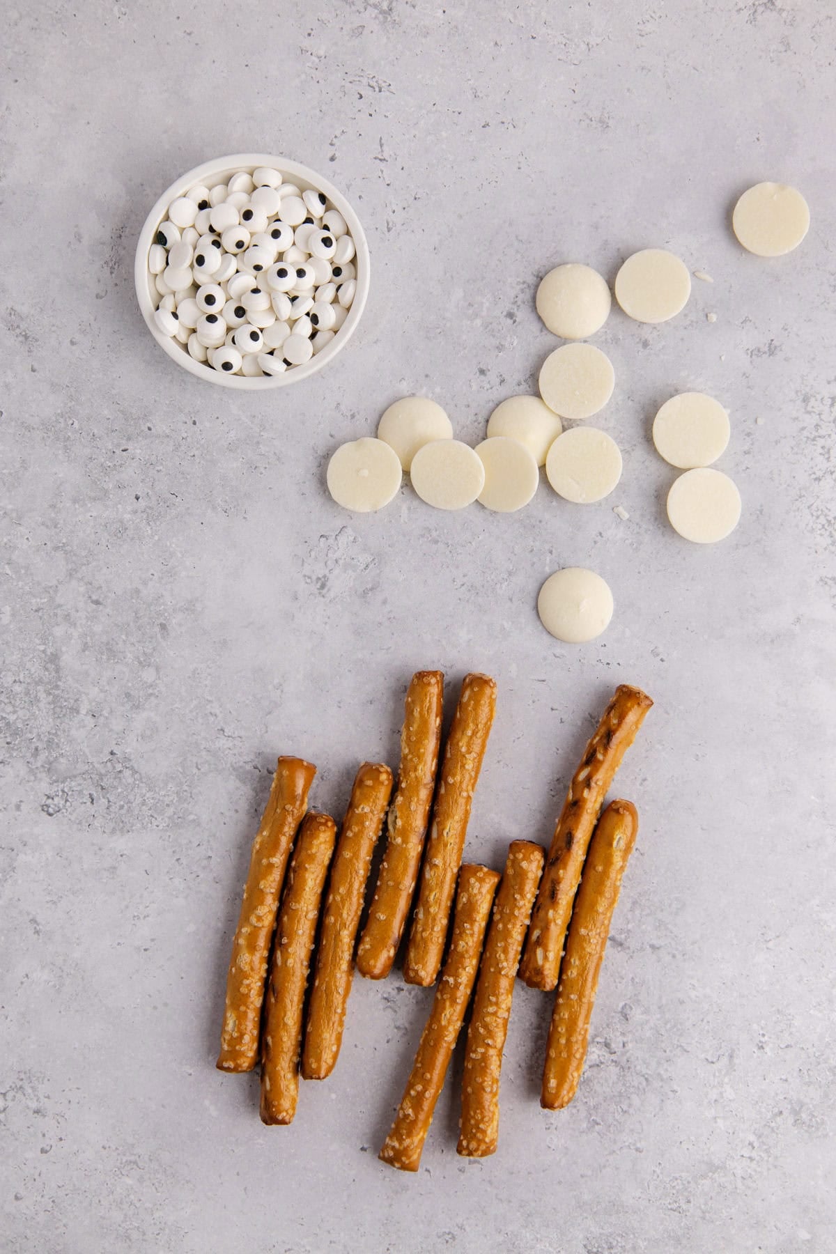 Mummy Pretzel Rod Ingredients on a counter