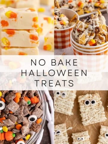 Delicious no bake Halloween treats with candies, cookies, and spooky decorations.