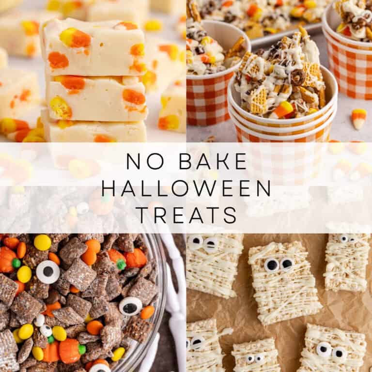 Delicious no bake Halloween treats with candies, cookies, and spooky decorations.
