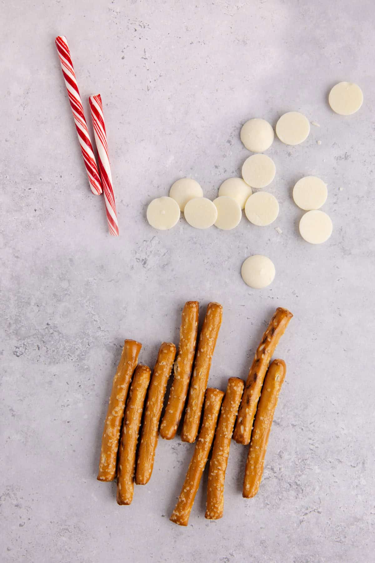 Christmas Pretzel Rod Ingredients on a counter