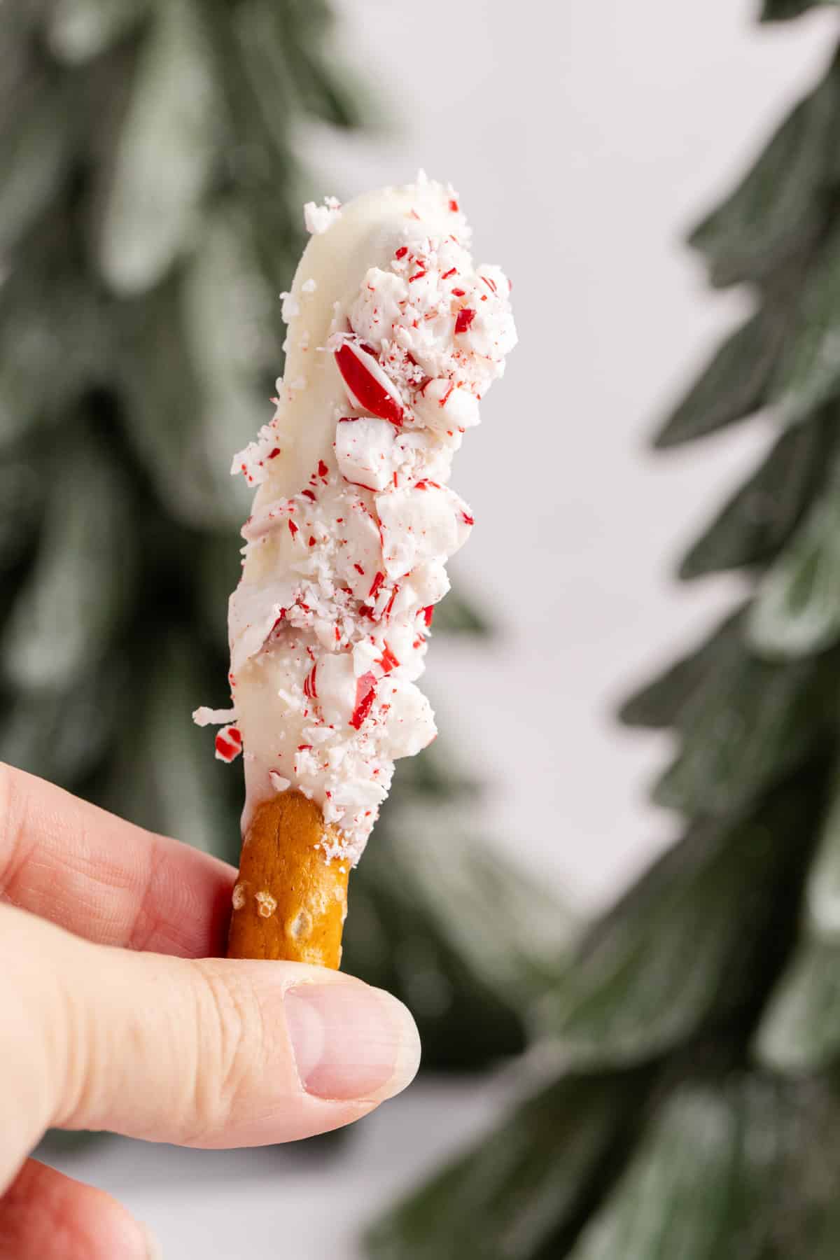 Christmas Pretzel Rods being picked up with chunks of crushed peppermint