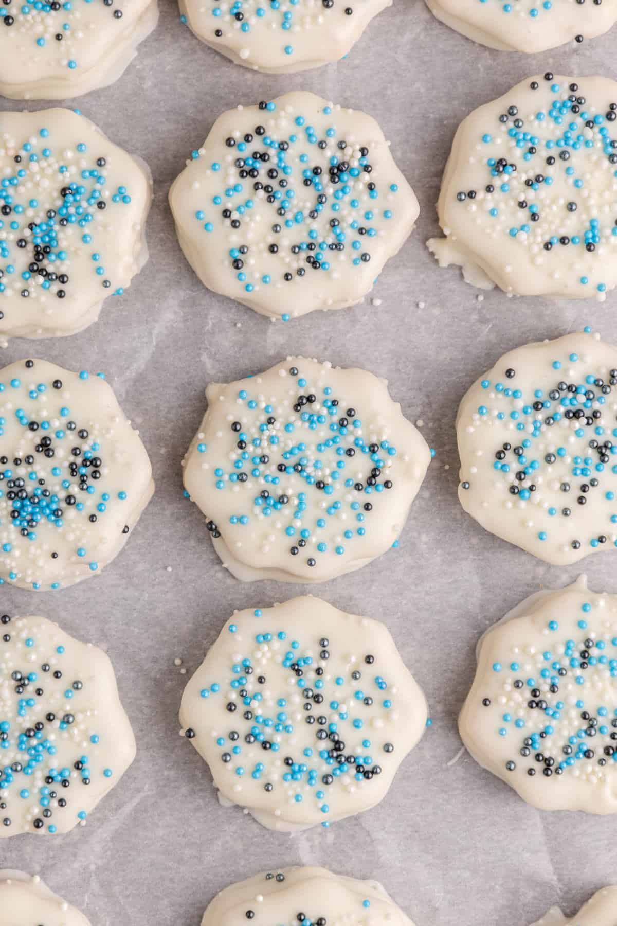 White Chocolate Ritz Cracker Cookies from above all together on parchment paper