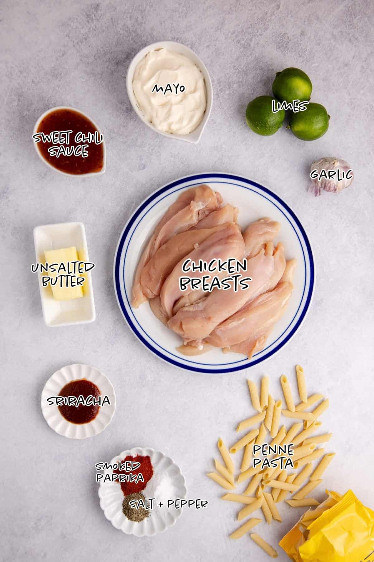 Bang Bang Chicken Pasta Ingredients on a Counter