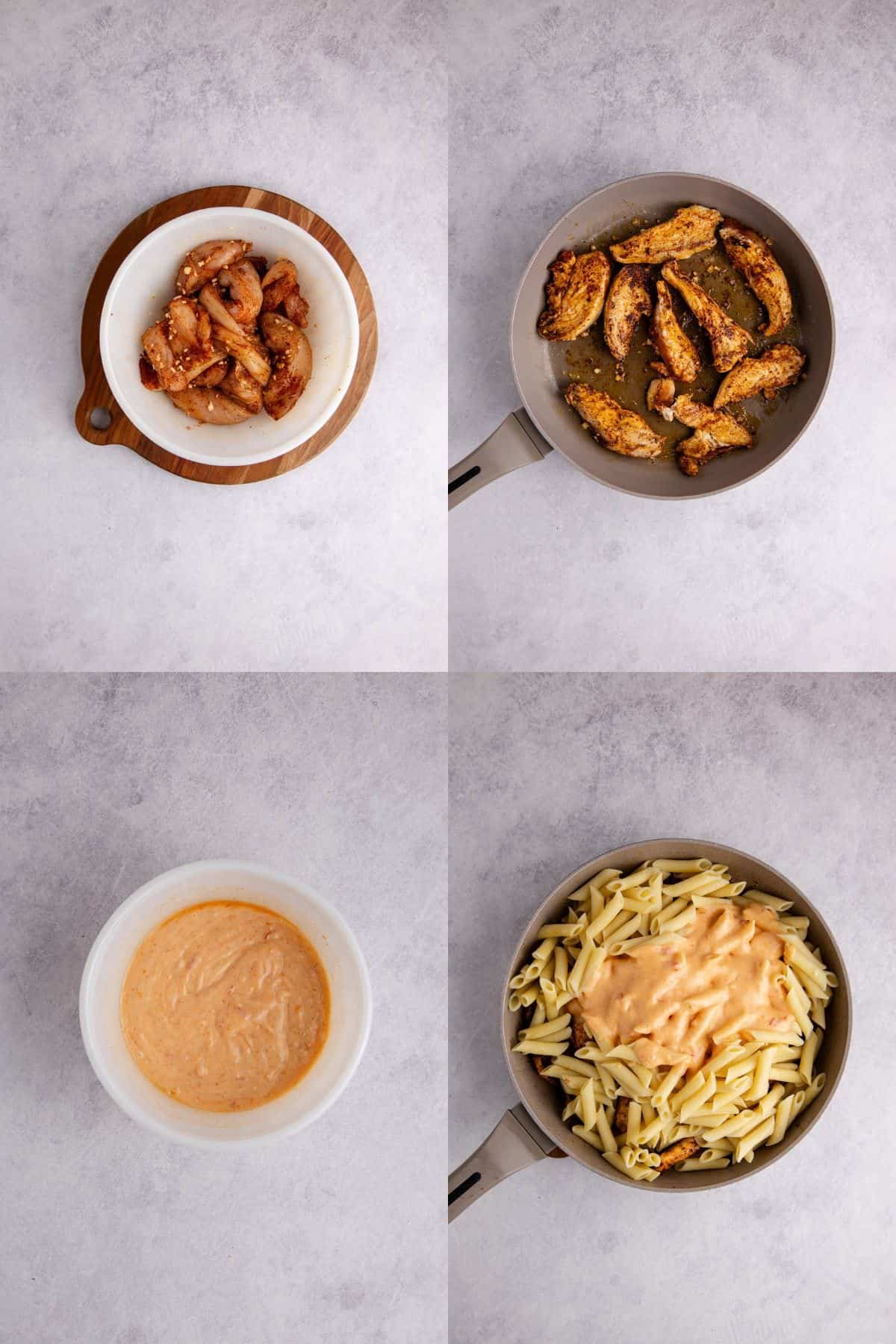 Bang Bang Chicken Pasta being made in a bowl and skillet