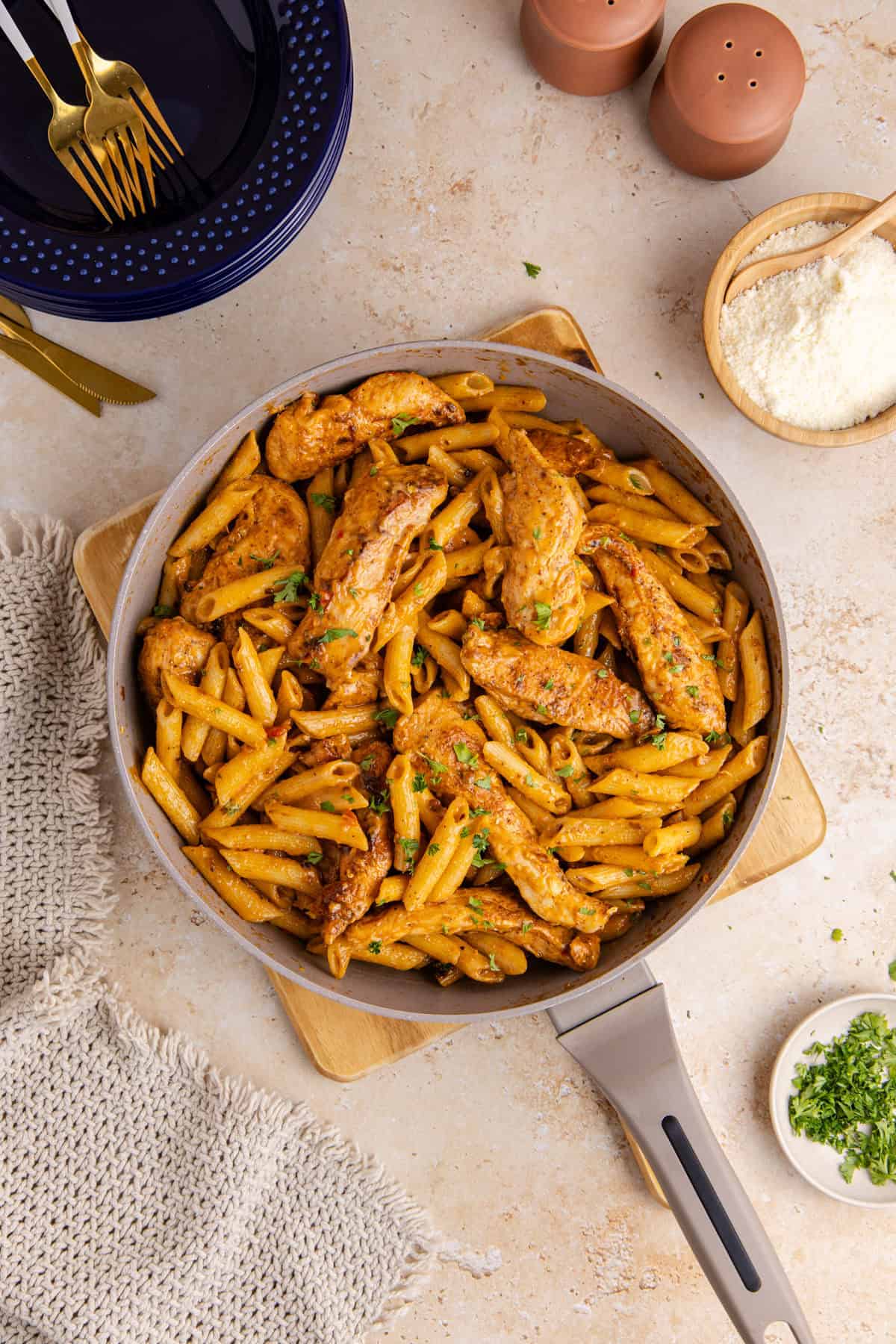 Bang Bang Chicken Pasta finished in the skillet