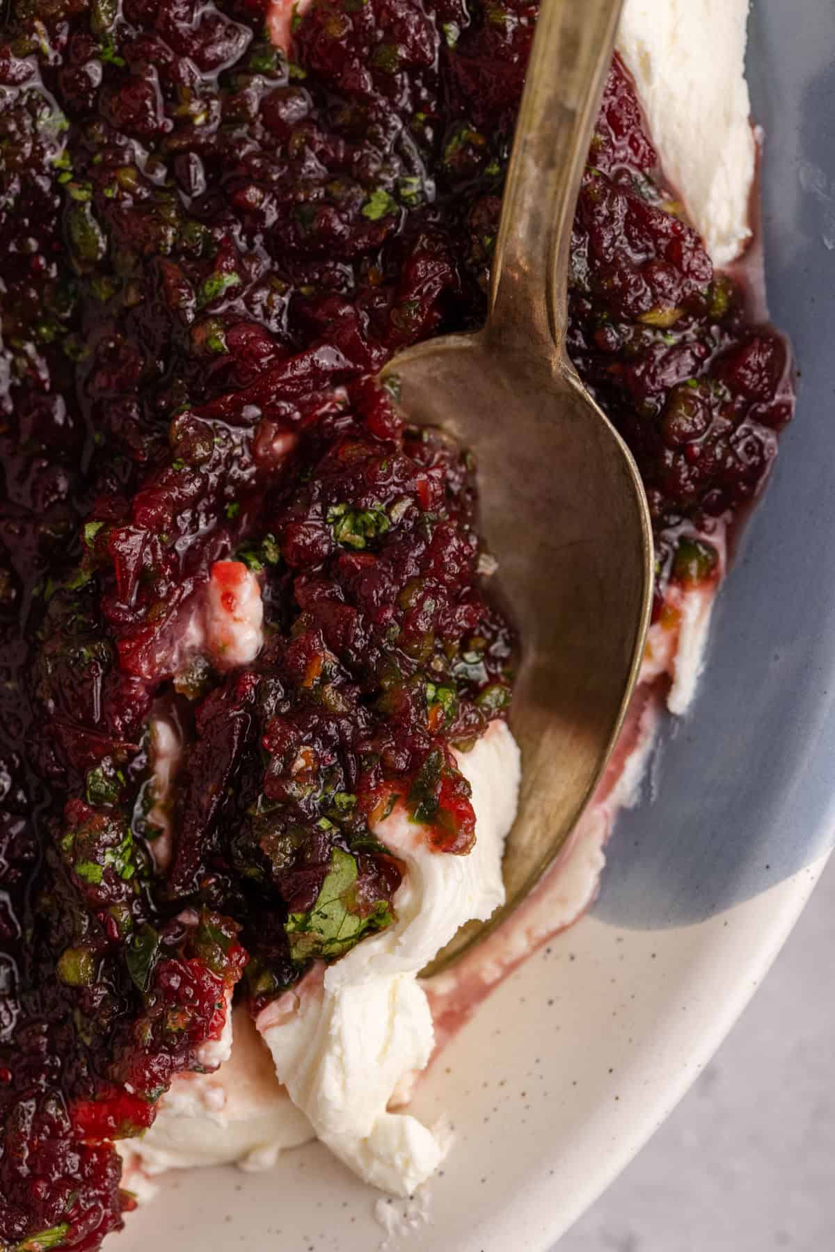 Cranberry Jalapeño Dip from above close up with some on a spoon