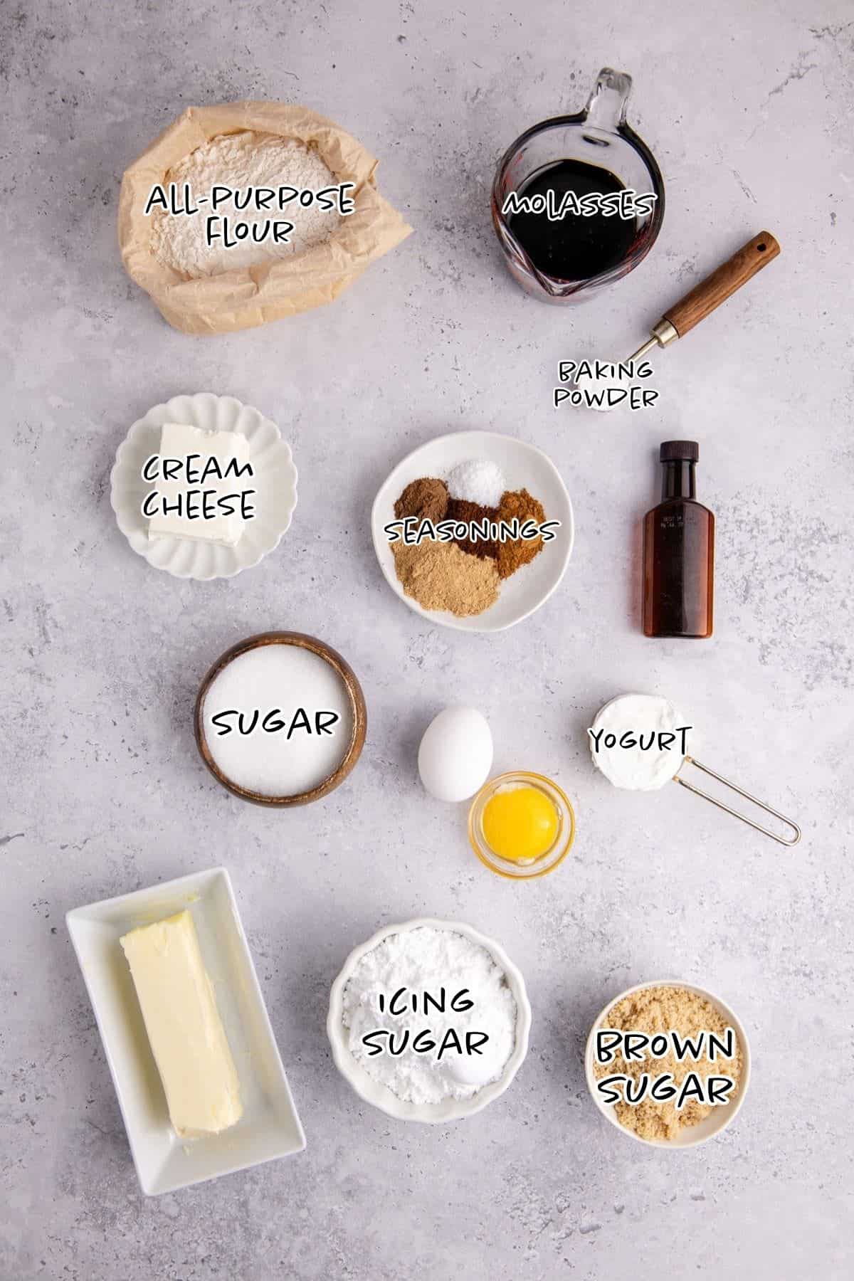 Gingerbread Cookies Bars with Icing Ingredients on a Counter