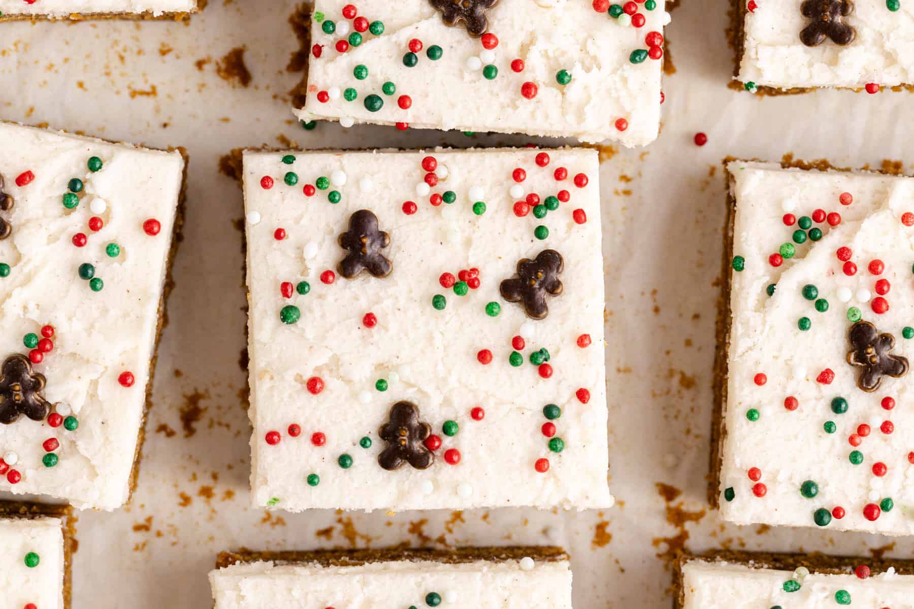 Gingerbread Cookies Bars with Icing sliced on parchment paper