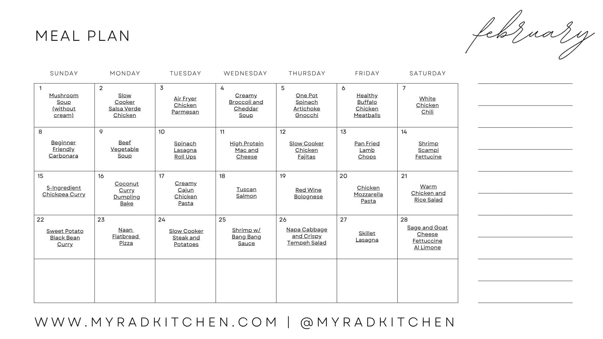 Monthly Meal Plan Calendar for February