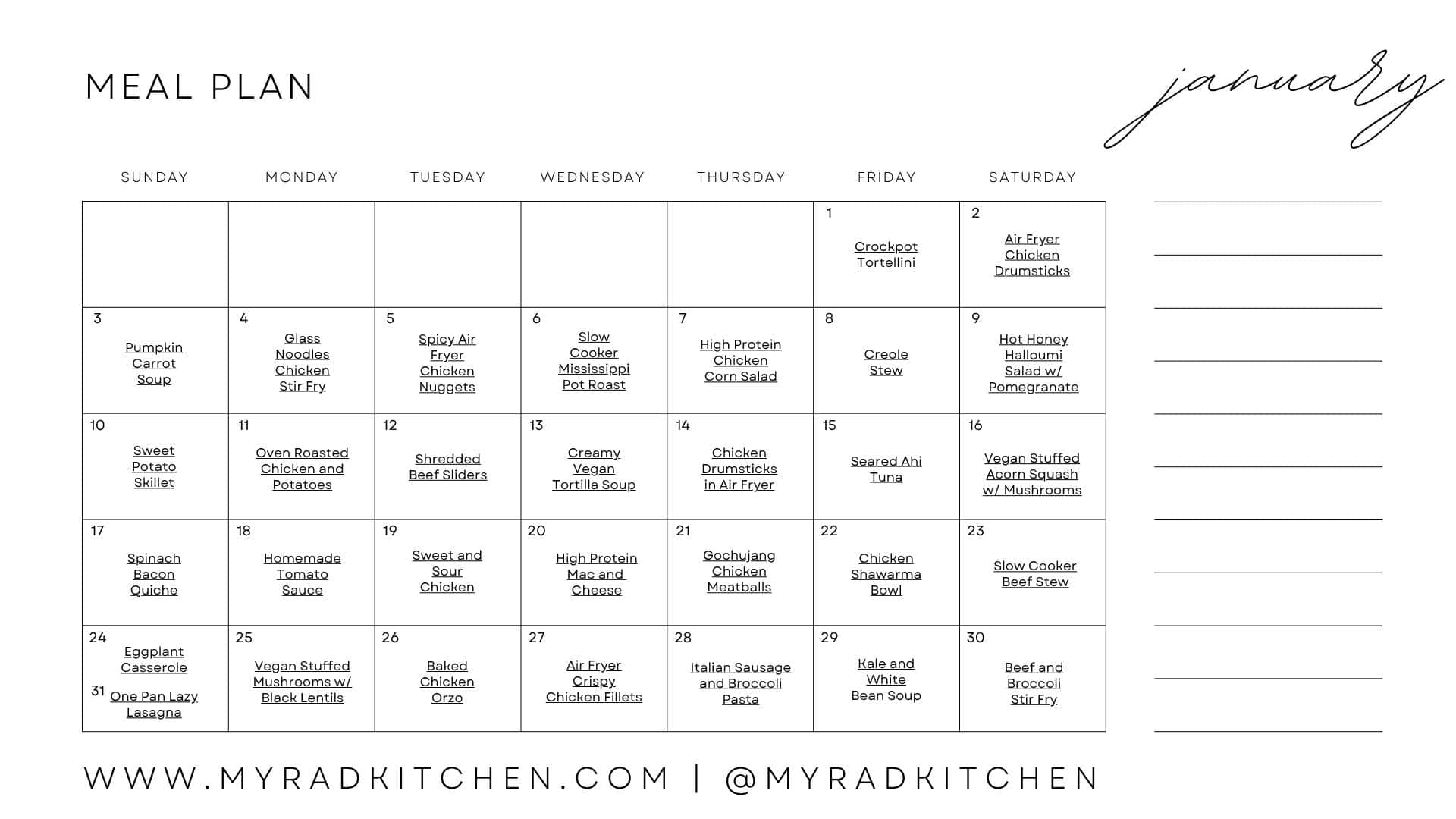 Monthly Meal Plan Calendar for January